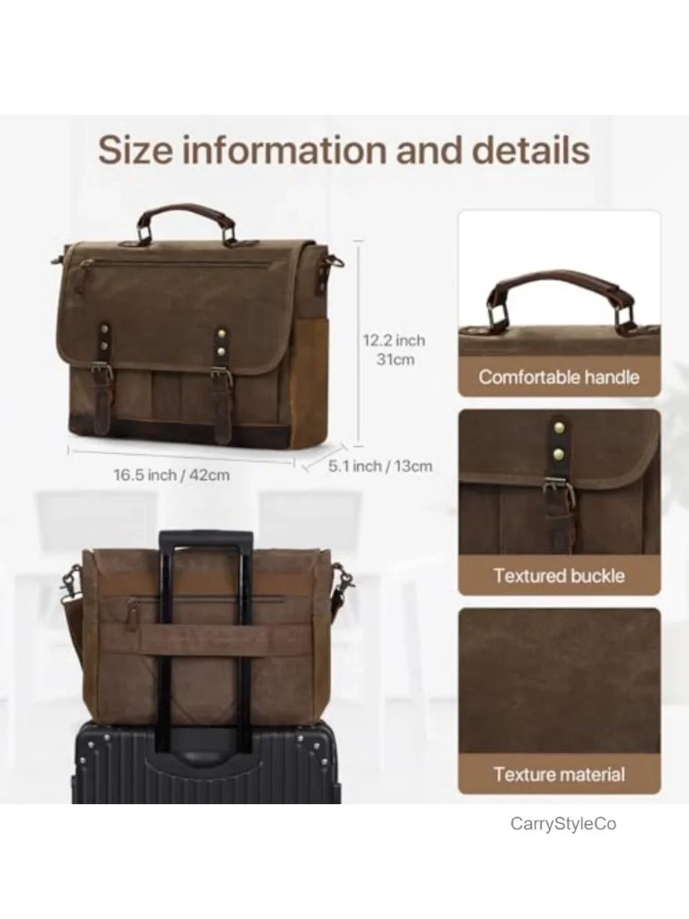 Vintage Messenger Bag, Heavy Duty Waxed Canvas & Genuine Leather Briefcase